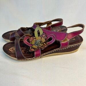SpringStep L’artiste Pelagia Magenta & Brown Floral Leather Wedge Sandals 39/8.5